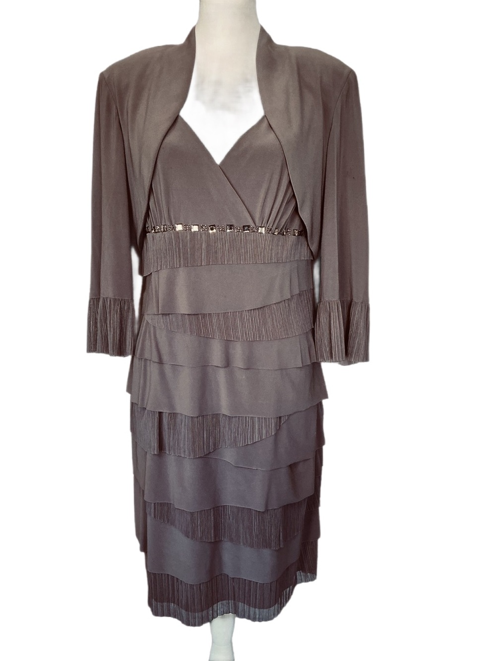 SL Fashions Brown Bejeweled Modest Tiered Cocktail Dress w Matching Jacket